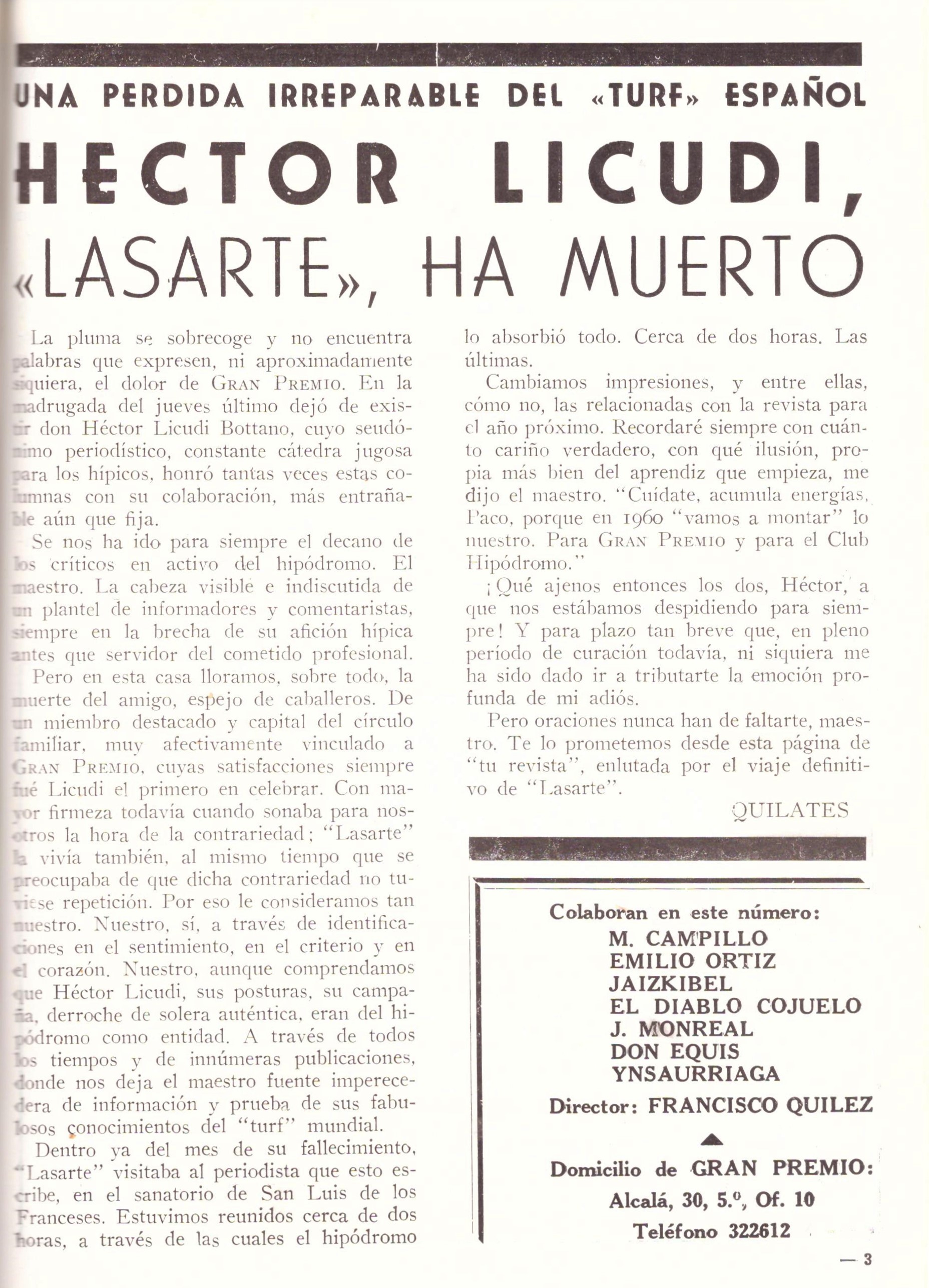 Editorial de Quilates en Gran Premio 24-10- 1959 .