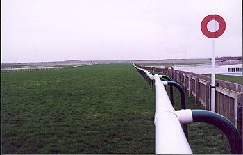 Desde allí hasta este poste se corren las guineas en Newmarket. Foto: Jesús de Miguel